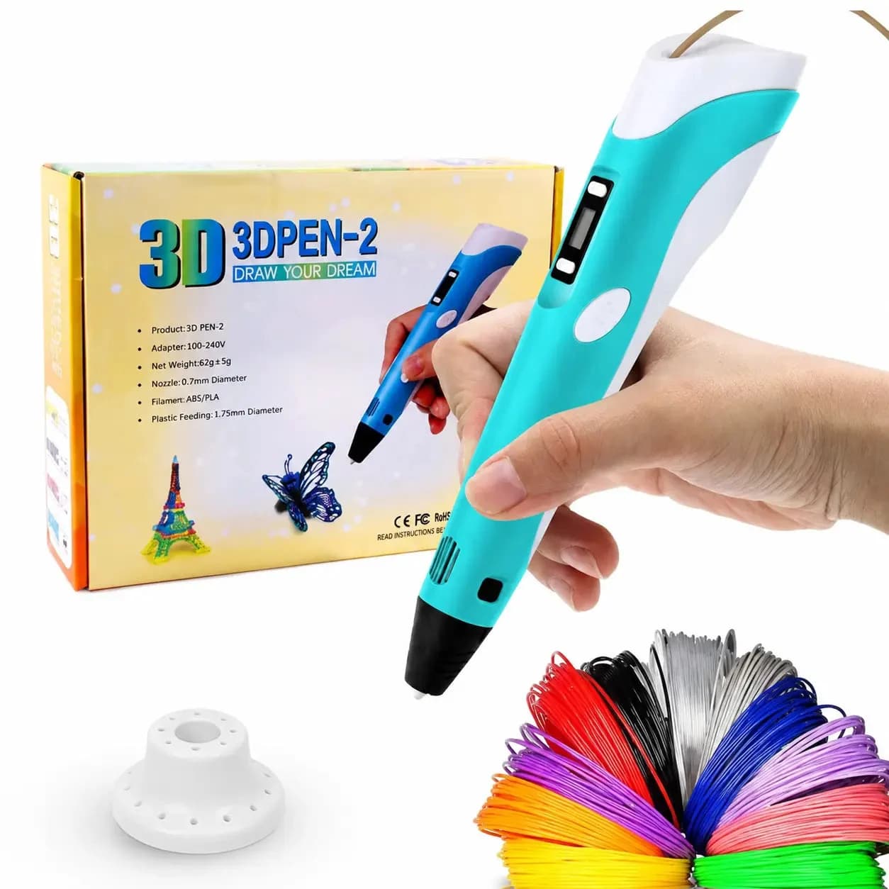 LCD 3D printing pen with PLA filament colours and holder