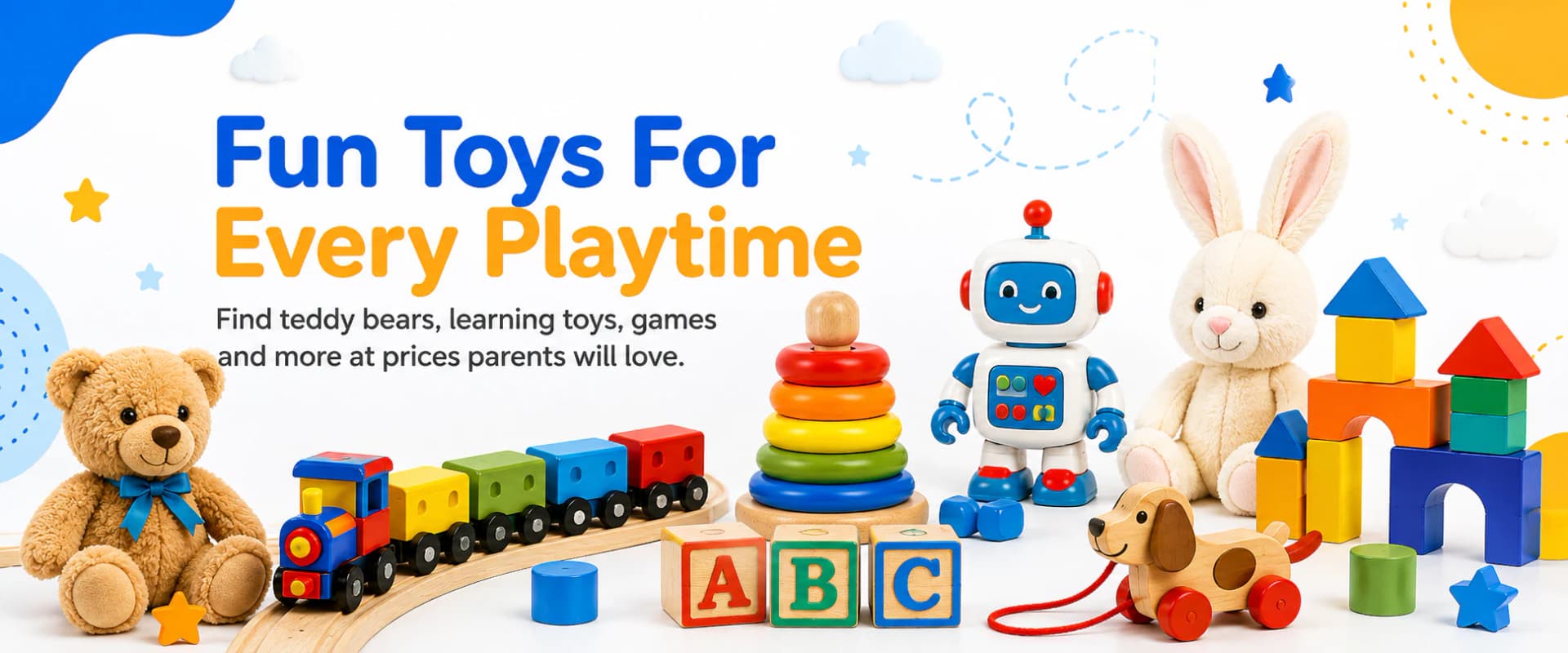 Fun toys for every playtime, including plush toys, a robot, train and building blocks