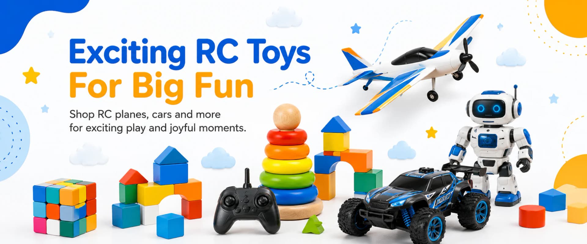 Exciting RC toys for big fun, including a plane, truck, robot and controller