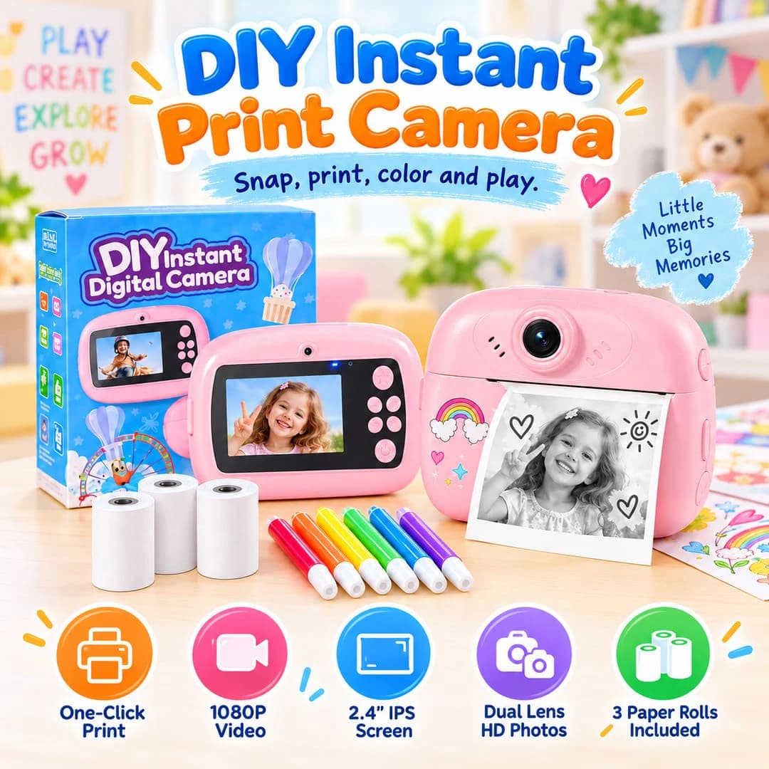 DIY instant print camera with box, three paper rolls and six colour pens