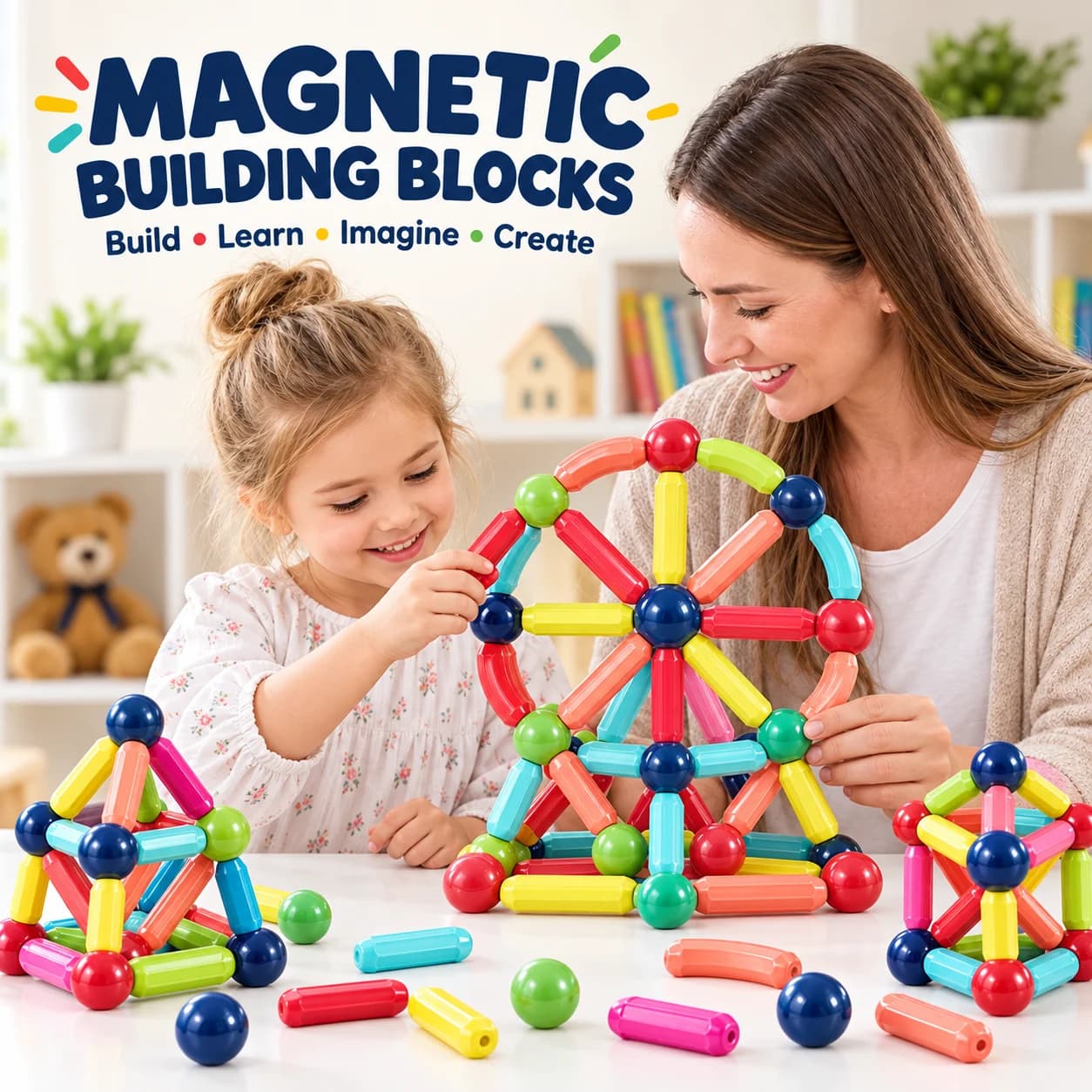 Magnetic building blocks with colourful rods and connecting balls