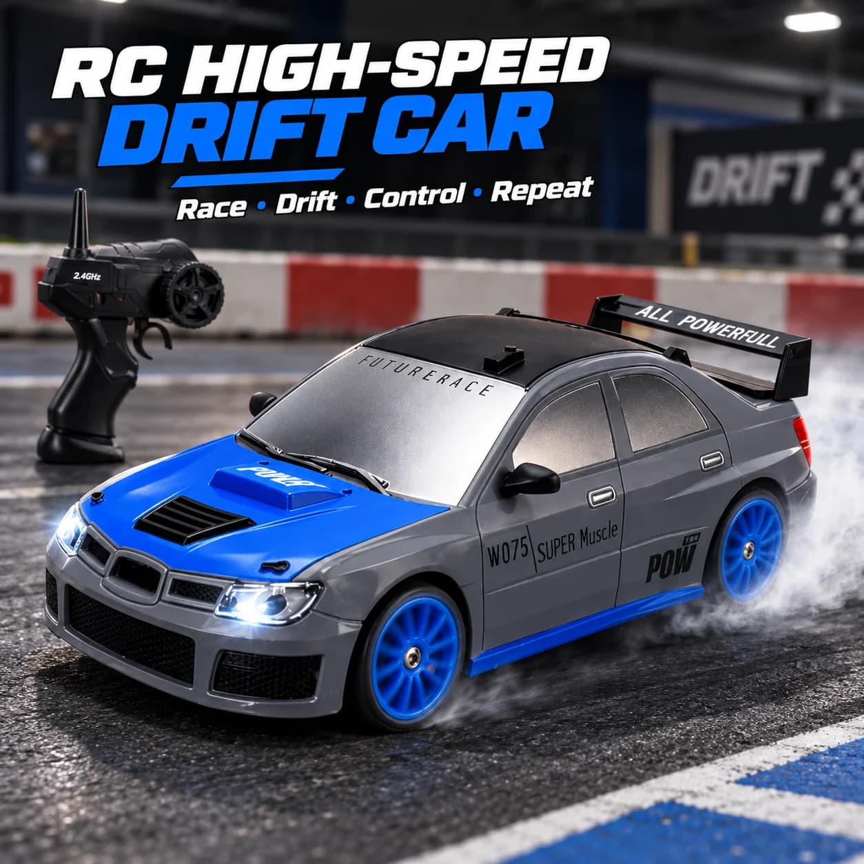 Blue and silver SC24A06-1 RC drift car with remote controller
