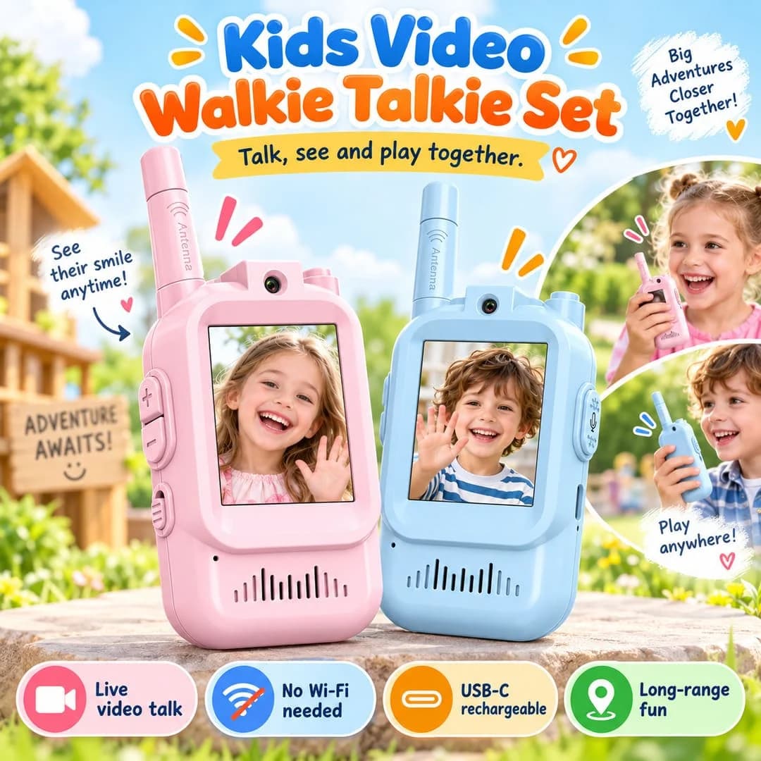 Kids video walkie-talkie set with pink and blue units